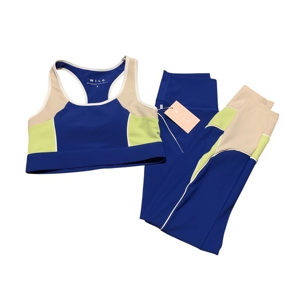 Wilo The Label Pants - WILO Ribbed Racer Panel Leggings Sports Bra Set Cobalt Lime Tan Small New